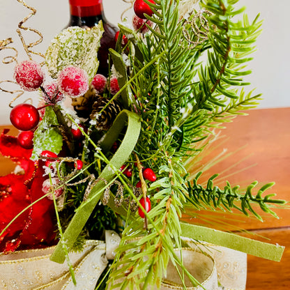 Holiday Wine Bottle Centerpiece – Christmas Floral Gift for Teacher or Coworker | Elegant Red Velvet Flower Arrangement for Home or Office