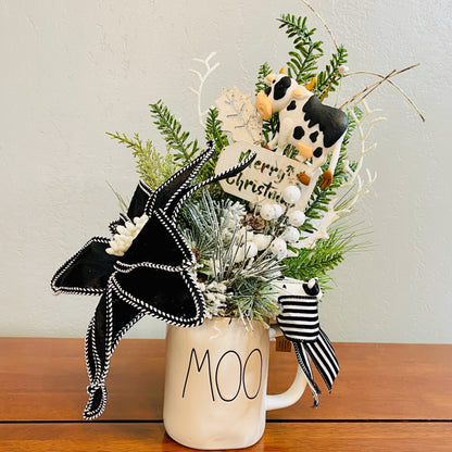 Holland Cow “MOO” Christmas Mug Arrangement — Farmhouse Gift for Teachers & Secret Santa (Reusable Mug)