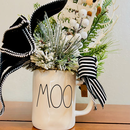 Holland Cow “MOO” Christmas Mug Arrangement — Farmhouse Gift for Teachers & Secret Santa (Reusable Mug)