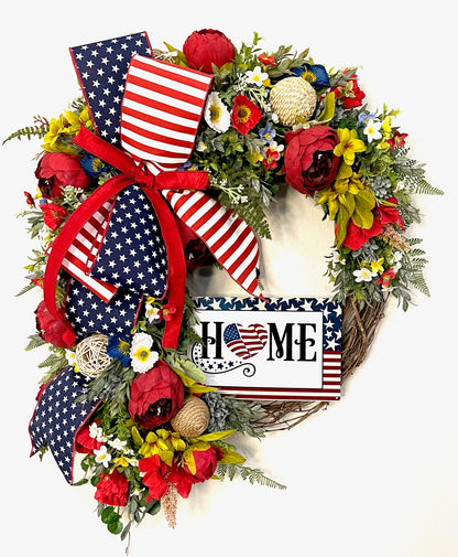 Patriotic Red White & Blue USA Wreath with American Home Sign for #FrontDoor Memorial Day #4thofjulydecor American Flag #PatrioticDecor #USA