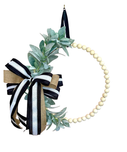 White Beaded Wreath for home Decor Boho Chic-Black and White Wreath- Lamb Ear Bead Home Decor Entryway Bohemian Decor Front door hanger