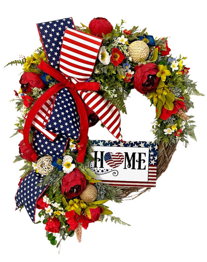 Patriotic Red White & Blue USA Wreath with American Home Sign for #FrontDoor Memorial Day #4thofjulydecor American Flag #PatrioticDecor #USA