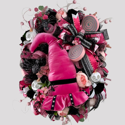 Halloween Party Supply Pink Halloween Door Decor Pink Decor Witch Hat Spiders Halloween Wreath Office Decor Pink Witch Hat