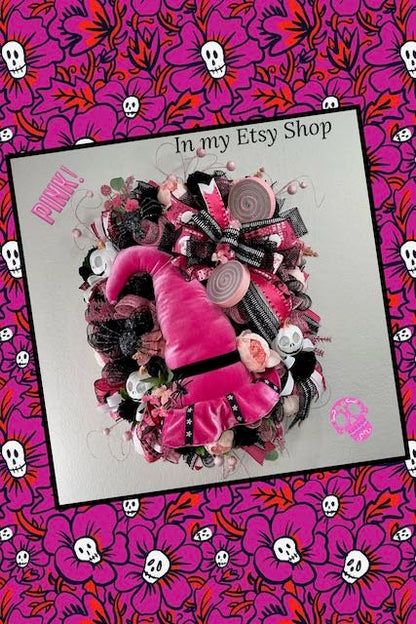 Halloween Party Supply Pink Halloween Door Decor Pink Decor Witch Hat Spiders Halloween Wreath Office Decor Pink Witch Hat