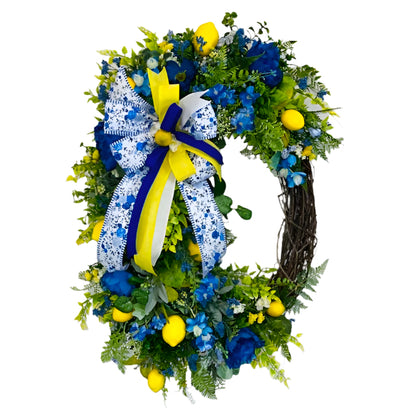 Lemon Wreath Rustic Farmhouse Blue Peonies Kitchen Decor Front Door Home Decor Florals Handmade Porch Decor Blue and Yellow Summer