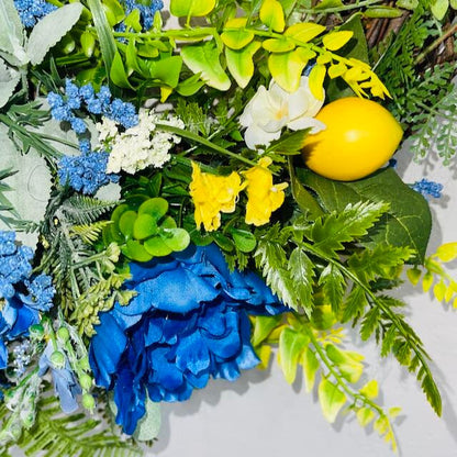 Lemon Wreath Rustic Farmhouse Blue Peonies Kitchen Decor Front Door Home Decor Florals Handmade Porch Decor Blue and Yellow Summer