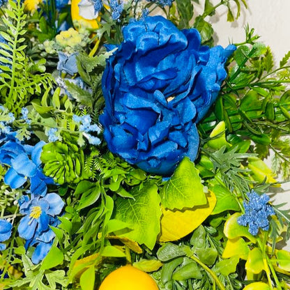 Lemon Wreath Rustic Farmhouse Blue Peonies Kitchen Decor Front Door Home Decor Florals Handmade Porch Decor Blue and Yellow Summer