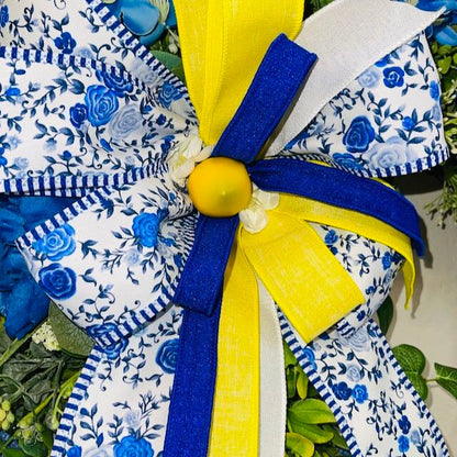 Lemon Wreath Rustic Farmhouse Blue Peonies Kitchen Decor Front Door Home Decor Florals Handmade Porch Decor Blue and Yellow Summer