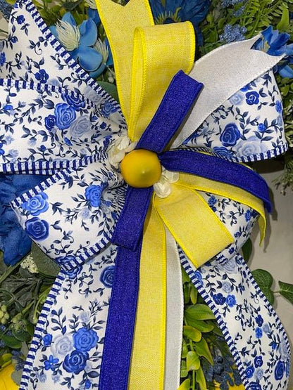 Lemon Wreath Rustic Farmhouse Blue Peonies Kitchen Decor Front Door Home Decor Florals Handmade Porch Decor Blue and Yellow Summer