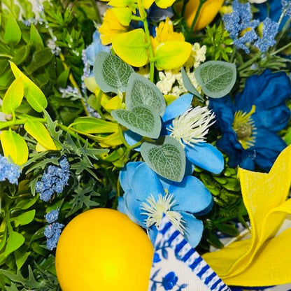 Lemon Wreath Rustic Farmhouse Blue Peonies Kitchen Decor Front Door Home Decor Florals Handmade Porch Decor Blue and Yellow Summer