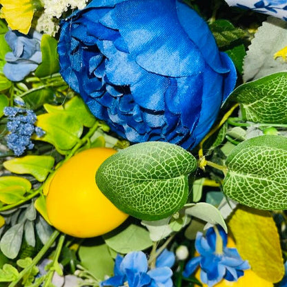 Lemon Wreath Rustic Farmhouse Blue Peonies Kitchen Decor Front Door Home Decor Florals Handmade Porch Decor Blue and Yellow Summer