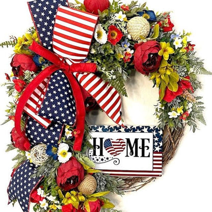 Patriotic Red White & Blue USA Wreath with American Home Sign for #FrontDoor Memorial Day #4thofjulydecor American Flag #PatrioticDecor #USA