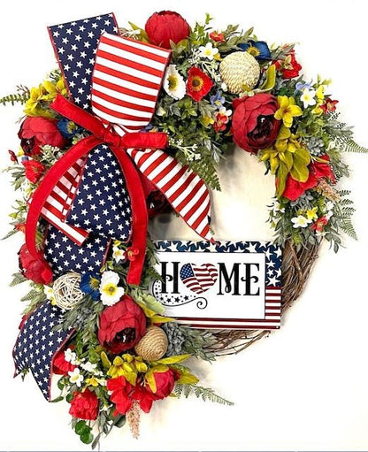 Patriotic Red White & Blue USA Wreath with American Home Sign for #FrontDoor Memorial Day #4thofjulydecor American Flag #PatrioticDecor #USA