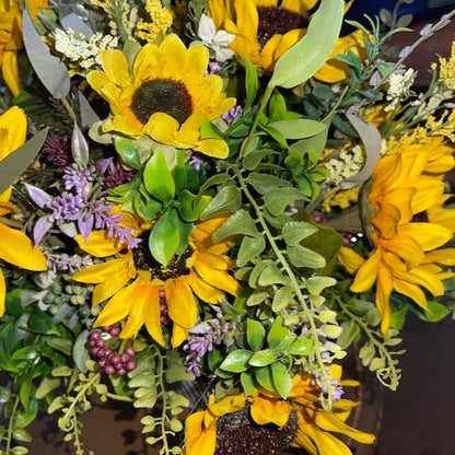 Sunflower Arrangement in Tin Bucket with Purple Florals for summer or fall Decor Patio Decorations Sunflowers Rustic Wedding Office Decor