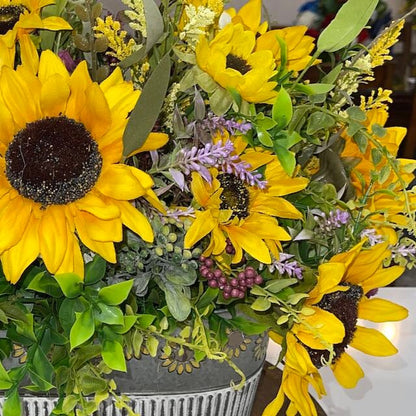 Sunflower Arrangement in Tin Bucket with Purple Florals for summer or fall Decor Patio Decorations Sunflowers Rustic Wedding Office Decor