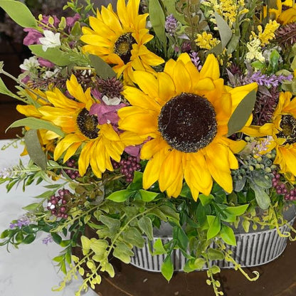 Sunflower Arrangement in Tin Bucket with Purple Florals for summer or fall Decor Patio Decorations Sunflowers Rustic Wedding Office Decor