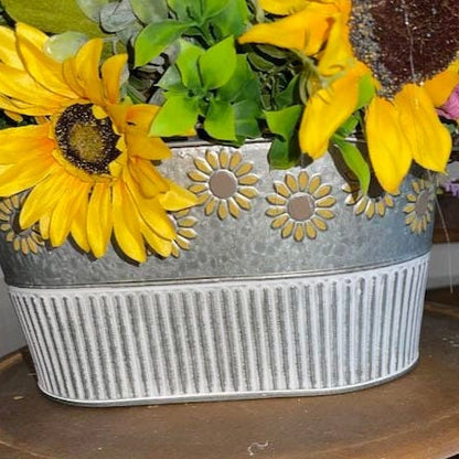 Sunflower Arrangement in Tin Bucket with Purple Florals for summer or fall Decor Patio Decorations Sunflowers Rustic Wedding Office Decor