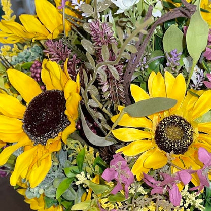 Sunflower Arrangement in Tin Bucket with Purple Florals for summer or fall Decor Patio Decorations Sunflowers Rustic Wedding Office Decor