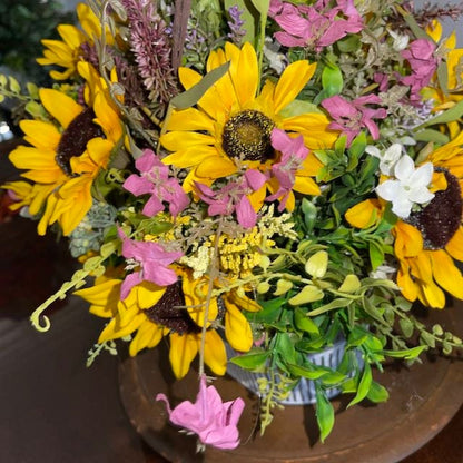 Sunflower Arrangement in Tin Bucket with Purple Florals for summer or fall Decor Patio Decorations Sunflowers Rustic Wedding Office Decor