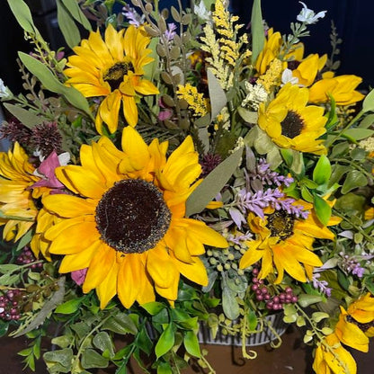 Sunflower Arrangement in Tin Bucket with Purple Florals for summer or fall Decor Patio Decorations Sunflowers Rustic Wedding Office Decor