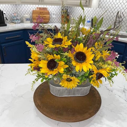 Sunflower Arrangement in Tin Bucket with Purple Florals for summer or fall Decor Patio Decorations Sunflowers Rustic Wedding Office Decor