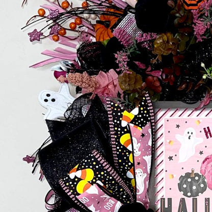 Halloween Wreath for Front Door with Ghosts and Pink Accents Halloween Office Decor Party Decor Ghost Decorations Holiday Wall Art