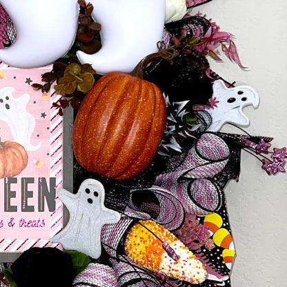 Halloween Wreath for Front Door with Ghosts and Pink Accents Halloween Office Decor Party Decor Ghost Decorations Holiday Wall Art
