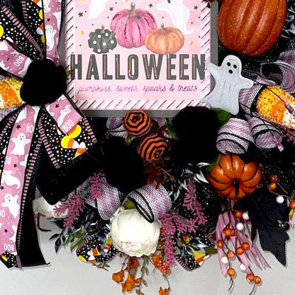 Halloween Wreath for Front Door with Ghosts and Pink Accents Halloween Office Decor Party Decor Ghost Decorations Holiday Wall Art