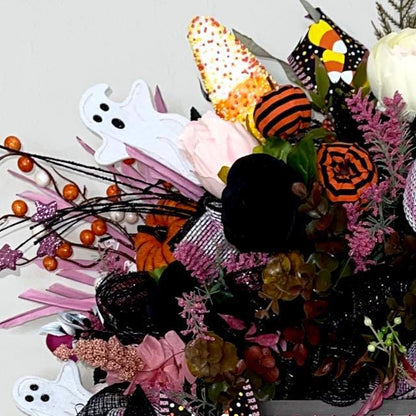 Halloween Wreath for Front Door with Ghosts and Pink Accents Halloween Office Decor Party Decor Ghost Decorations Holiday Wall Art