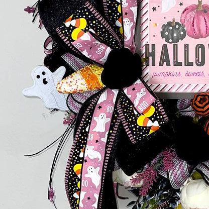 Halloween Wreath for Front Door with Ghosts and Pink Accents Halloween Office Decor Party Decor Ghost Decorations Holiday Wall Art