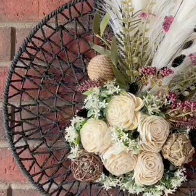 Boho Wreath for Front Door. Wall Art Decorations with Pampas Grass, Black Basket, Neutral Decor, Minimalist Boho Home Wall Decorations