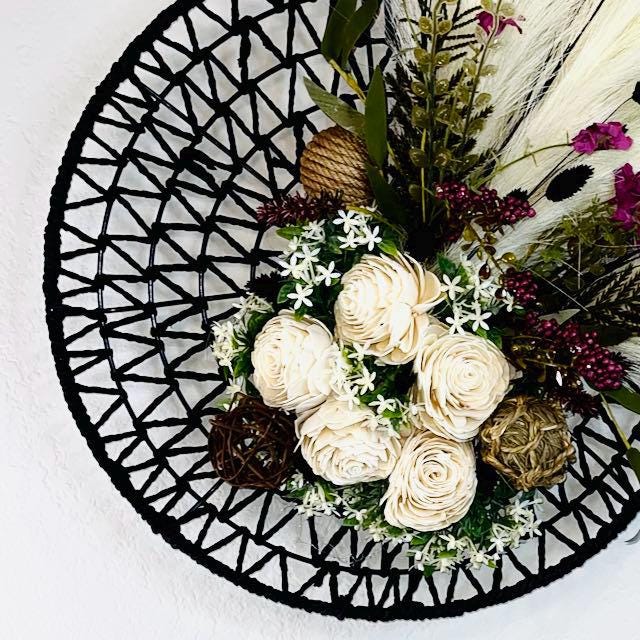 Boho Wreath for Front Door. Wall Art Decorations with Pampas Grass, Black Basket, Neutral Decor, Minimalist Boho Home Wall Decorations