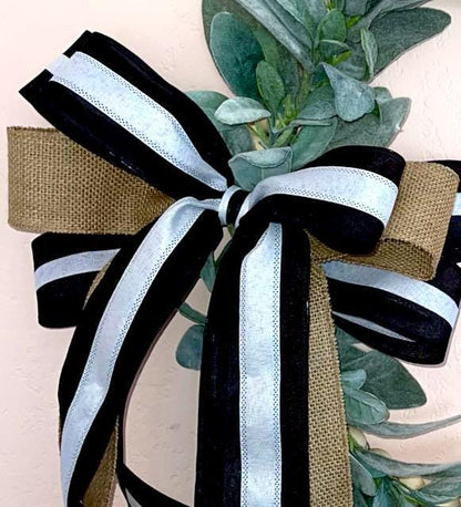 White Beaded Wreath for home Decor Boho Chic-Black and White Wreath- Lamb Ear Bead Home Decor Entryway Bohemian Decor Front door hanger