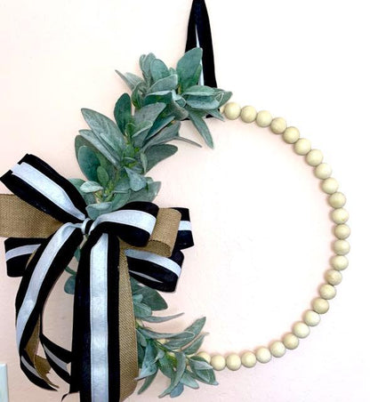 White Beaded Wreath for home Decor Boho Chic-Black and White Wreath- Lamb Ear Bead Home Decor Entryway Bohemian Decor Front door hanger