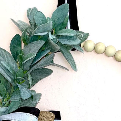 White Beaded Wreath for home Decor Boho Chic-Black and White Wreath- Lamb Ear Bead Home Decor Entryway Bohemian Decor Front door hanger