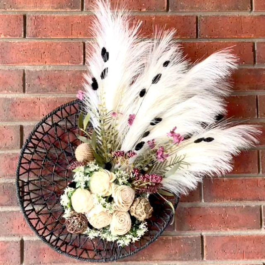 Boho Wreath for Front Door. Wall Art Decorations with Pampas Grass, Black Basket, Neutral Decor, Minimalist Boho Home Wall Decorations