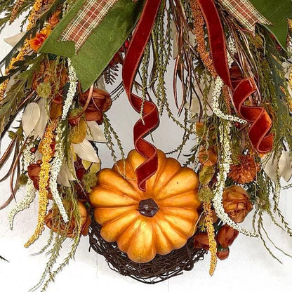Fall Wreath for Front Door Thanksgiving or Office Decorations Autumn Florals with Designer Bow Handmade Home Decor with Autumn Pumpkins