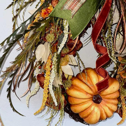 Fall Wreath for Front Door Thanksgiving or Office Decorations Autumn Florals with Designer Bow Handmade Home Decor with Autumn Pumpkins