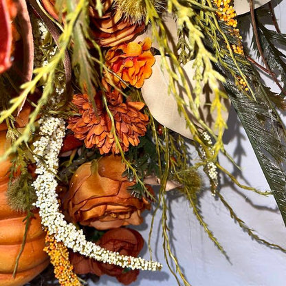 Fall Wreath for Front Door Thanksgiving or Office Decorations Autumn Florals with Designer Bow Handmade Home Decor with Autumn Pumpkins
