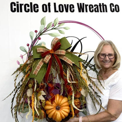 Fall Wreath for Front Door Thanksgiving or Office Decorations Autumn Florals with Designer Bow Handmade Home Decor with Autumn Pumpkins