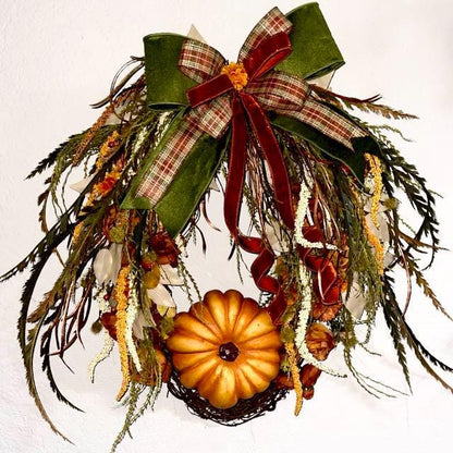 Fall Wreath for Front Door Thanksgiving or Office Decorations Autumn Florals with Designer Bow Handmade Home Decor with Autumn Pumpkins