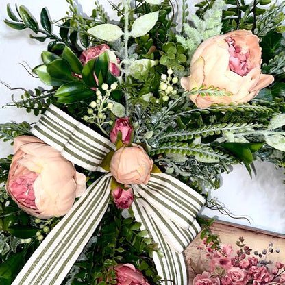 Spring Wreath for Front Door, Mauve and Pink Peonies, Cottage-Style Décor for Home, Weddings, or Bridal Showers Decorations