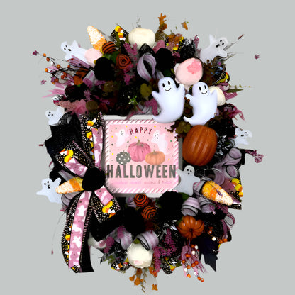 Halloween Wreath for Front Door with Ghosts and Pink Accents Halloween Office Decor Party Decor Ghost Decorations Holiday Wall Art