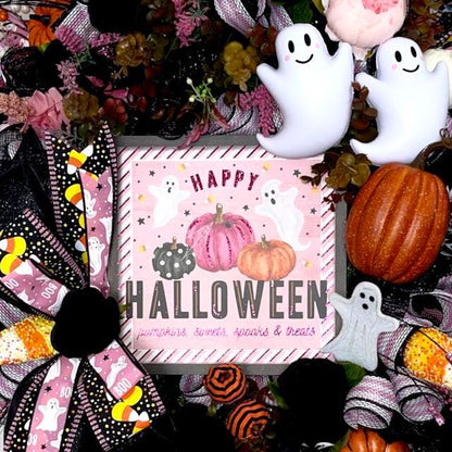 Halloween Wreath for Front Door with Ghosts and Pink Accents Halloween Office Decor Party Decor Ghost Decorations Holiday Wall Art