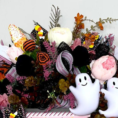 Halloween Wreath for Front Door with Ghosts and Pink Accents Halloween Office Decor Party Decor Ghost Decorations Holiday Wall Art