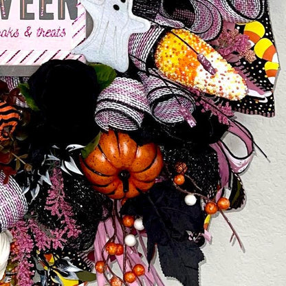 Halloween Wreath for Front Door with Ghosts and Pink Accents Halloween Office Decor Party Decor Ghost Decorations Holiday Wall Art