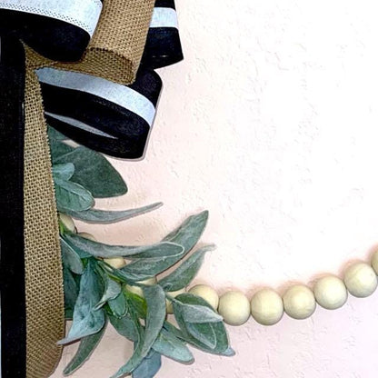 White Beaded Wreath for home Decor Boho Chic-Black and White Wreath- Lamb Ear Bead Home Decor Entryway Bohemian Decor Front door hanger