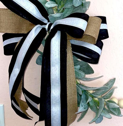 White Beaded Wreath for home Decor Boho Chic-Black and White Wreath- Lamb Ear Bead Home Decor Entryway Bohemian Decor Front door hanger