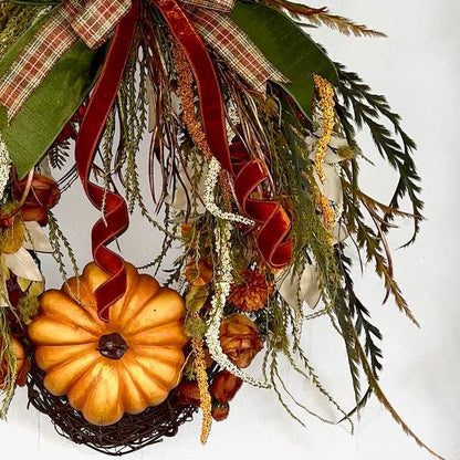 Fall Wreath for Front Door Thanksgiving or Office Decorations Autumn Florals with Designer Bow Handmade Home Decor with Autumn Pumpkins