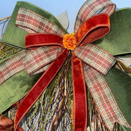 Fall Wreath for Front Door Thanksgiving or Office Decorations Autumn Florals with Designer Bow Handmade Home Decor with Autumn Pumpkins